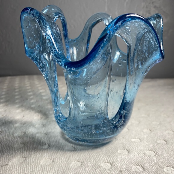 Vintage Blue Hand Blown Stretch Bubble Candle Art Glass Design Holder - Picture 3 of 11